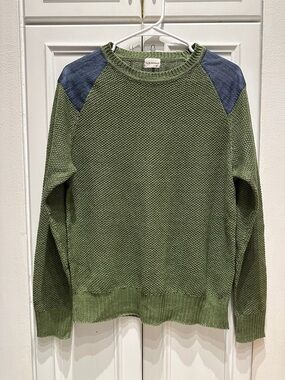 Club Monaco Green Knit Long Sleeve Sweater Denim Shoulder Patches